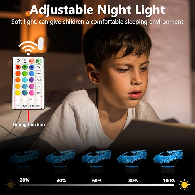 16 Colors Car Night Light, 3D LED Night Lamp for Boys - Racing Cars Themed Bedroom Lamps, Optical Illusion Lamp with Remote Control, Perfect for Kids' Room Décor, Cool Gifts for Car Lovers