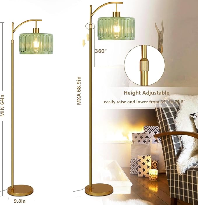 ILLMTW Glass Floor Lamp for Living Room,Bedroom,Gold Mid Century Modern Standing Lamp with Remote,Dimmable Brass Tall Lamp Vintage Retro Green Arc Flower Floor Light Boho Bohemian