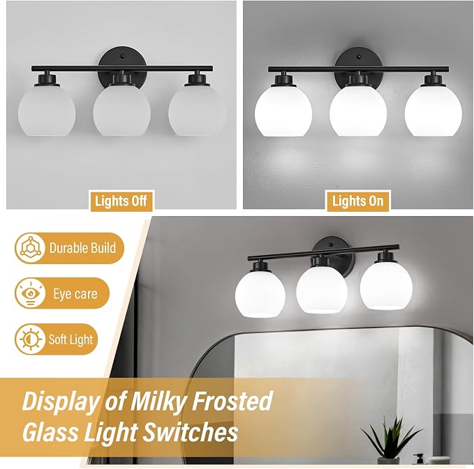 Matte Black Bathroom Light Fixtures, 3-Light Vanity Light Over Mirror | Modern Bathroom Lighting Over Mirror, Wall Sconces, Milky White Globe Glass Shades, E26 Socket,ETL Listed