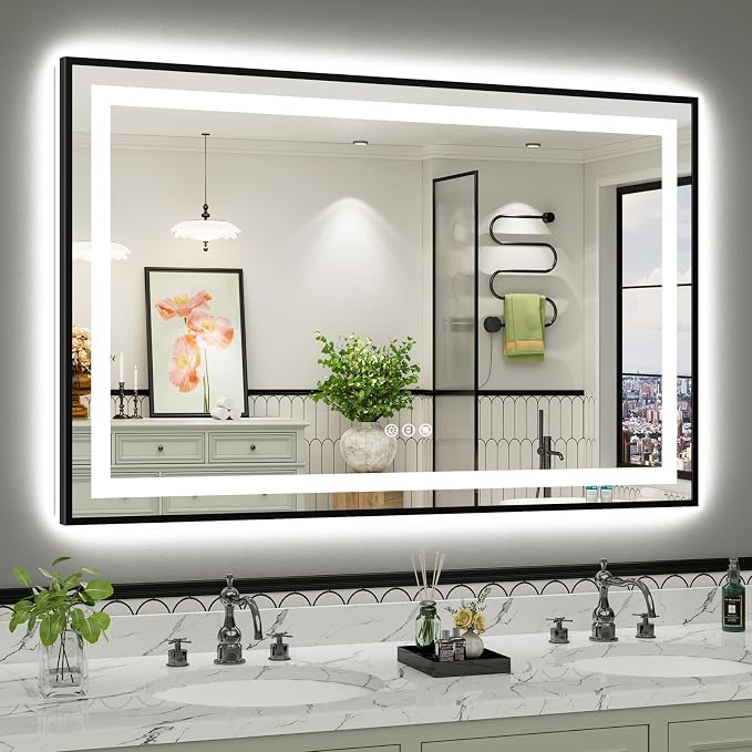 55x36 Inch LED Bathroom Mirror with Black Frame, Backlit & Front Lit | Anti-fog, 3 Color Dimmable, Memory Function, HD Reflection Tempered Glass, ETL Listed, IP54 Waterproof