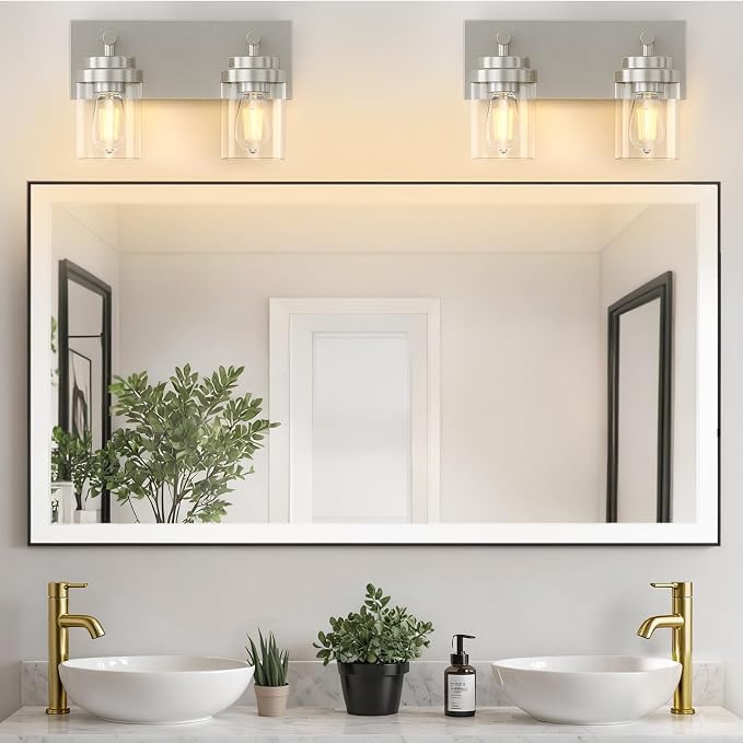 IZORRO Bathroom Vanity Light Fixture, 2-Light 15 Inch Brushed Nickel Bathroom Light Fixtures Over Mirror, with Clear Glass Shade, Modern Farmhouse Vanity Lights, Rustic Restroom Lighting Fixtures