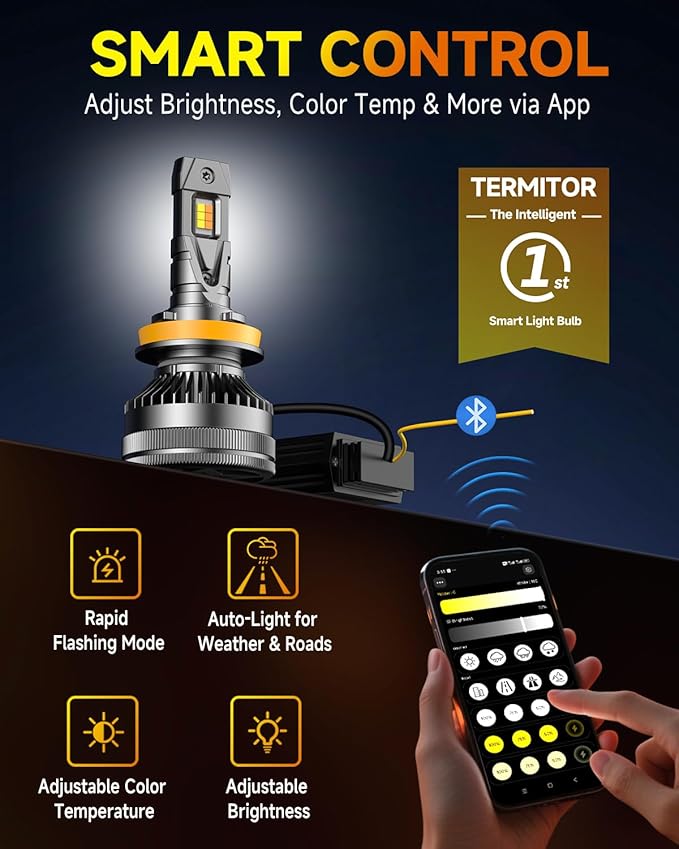 Latest H11 Smart LED Light Bulbs, 0-90,000LM 15X Variable insane Brightness, 3000K-6500K Variable, App Control One-touch Driving Mode Switching for Bluetooth H8/H9/H16 Fog Lights, Pack of 2