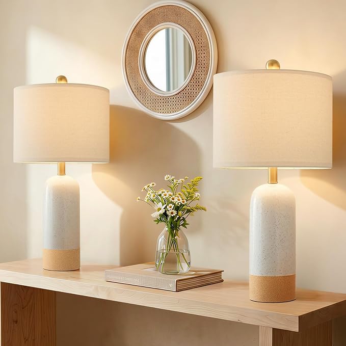 PoKat 24'' White Ceramic Table Lamps Set of 2, Farmhouse for Living Room | Modern Bedside Lamps for Bedroom, Two-Tones Design, Earthy Yellow Base, Splatter Pattern, Boho Lamps for Nightstand, Entryway