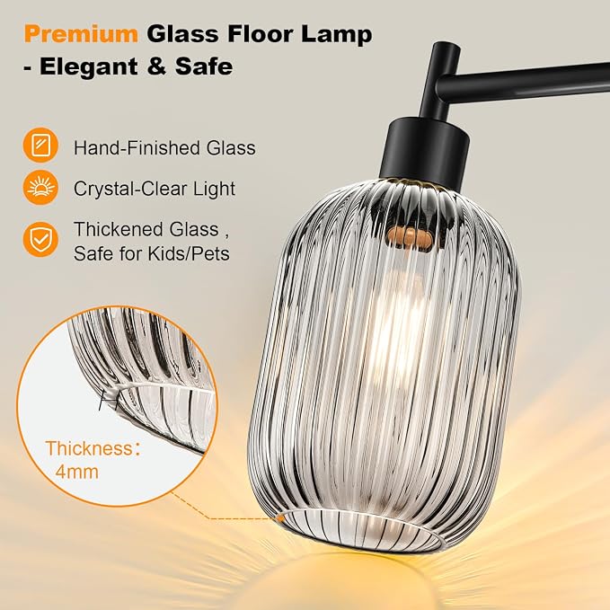 【Upgraded】 Dimmable Floor Lamp for Living Room with Gray Ribbed Glass Lampshade, Black Modern Floor Lamp with 900LM LED Bulb Included, Arc Standing Tall Lamp for Bedroom, Office, Reading Room, Corner