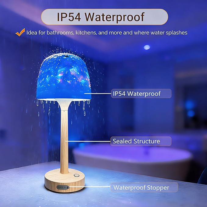 Waterproof Bathroom Lamp with 16 Color Ocean Wave Projector, Rechargeable Shower Light with Touch & Remote Control, Cordless Light for Inside Shower/Bathtub (Natural Wood Color)