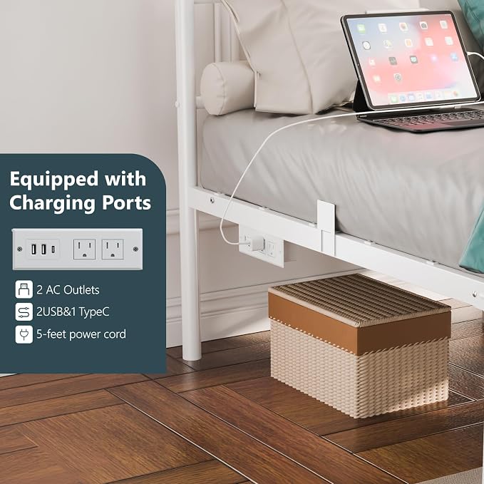VINGLI Twin Bed Frame with LED Lights & Charging Station, Metal Platform Bed Frame with Headboard, USB Ports, Under Bed Storage, Noise Free, No Box Spring Needed, Easy Assembly, White