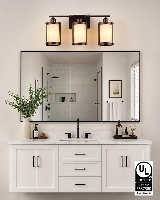 3-Light Oil Rubbed Bronze Bathroom Light Fixtures Over Mirror with Frosted Milk Glass and Metal Cage Shade, 21" UL-Listed Modern Farmhouse Wall Sconce for Bath, Hardwire E26, OS-3014ORBW-3W