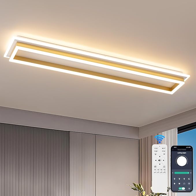 Dimmable Led Ceiling Light with Remote Control Modern Linear Flush Mount Ceiling Lighting Fixture Acrylic Long Ceiling Lamp for Living Room Kitchen Dining Room Hallway (Gold,39.3inch)