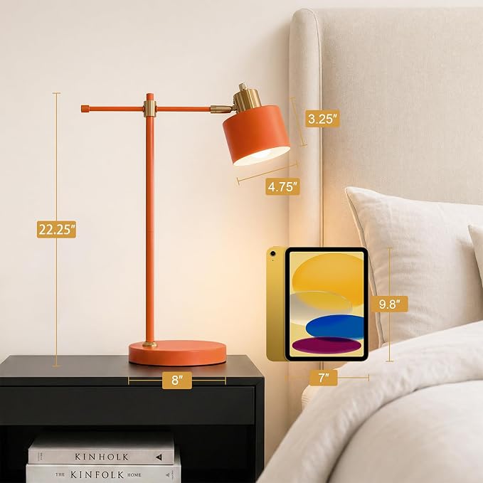 22.2" Modern Desk Lamp, Metal Table Lamp with LED Bulb, Adjustable Reading Lamps for Living Room, Mid Century Task Lamp for Home Office, Industrial Bedside Lamps with Solid Base, Orange