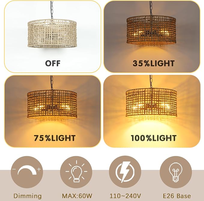 17.7" Rattan Dining Room Light fixtures, 5-Light Hand Woven Pendant Lights Kitchen Island Rattan Boho Chandelier Bohemian Hanging Ceiling Lights Wicker Lighting for Restaurants Living Room