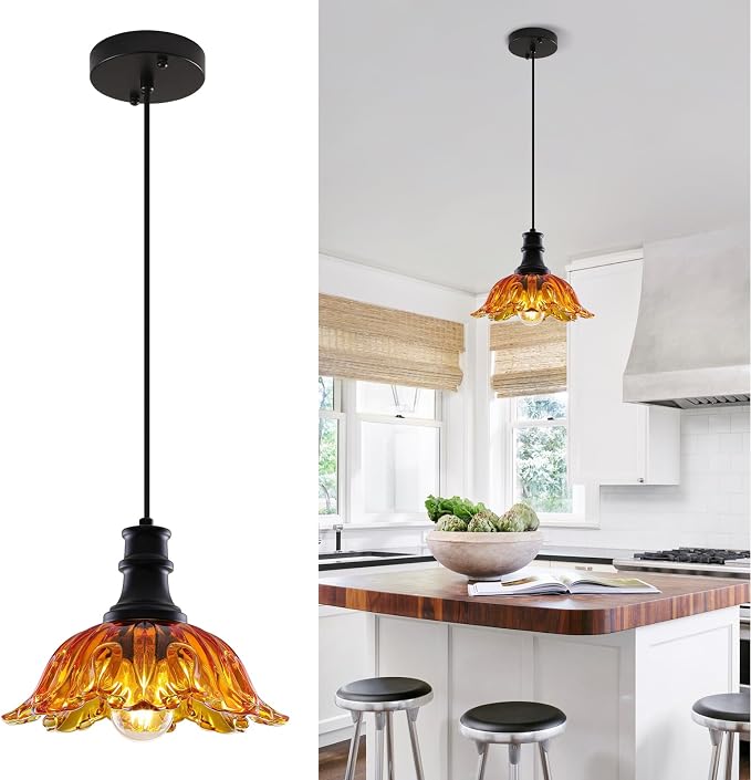 Orange Pendant Light, Vintage Pendant Lighting with Flower Glass Shade, Farmhouse Pendant Light Fixture for Kitchen Island, Kitchen Sink, Living Room, Dining Room, Foyer