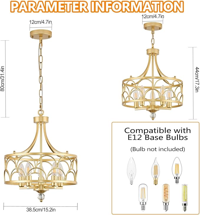 5-Light Chandelier E12 Base Round 15.2in - Gold Metal Farmhouse Lantern Pendant Light Fixture,Adjustable Hanging Ceiling Lighting,for Kitchen Island,Entryway,Dining Room,Living Room