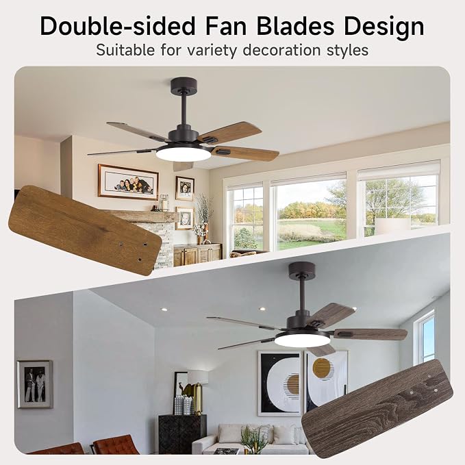44 Inch Ceiling Fans with Lights and Remote for Bedroom Living Room Kitchen Office, Indoor/Outdoor Use, 5CCT Dimmable, Dual Color 5 Blades, 6 Speed Reversible Quiet DC Motor, Brown/Wood Grain