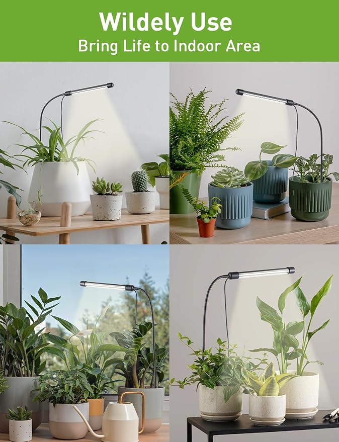 Grow Lights for Indoor Plants Full Spectrum, Plant Lights for Indoor Growing, 48 LEDs Ground Plug Grow Light with Gooseneck, Auto Timer & Dimmable Settings, Ideal for Small and Indoor Plants, 2 Packs