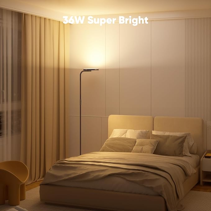 36W LED Floor Lamp, Super Bright Standing Lamp, Modern Stepless Dimmable Torchiere Tall Lamp with Remote Control, 350°Rotating Head Reading Floor Lamp for Living Room, Bedroom, Office