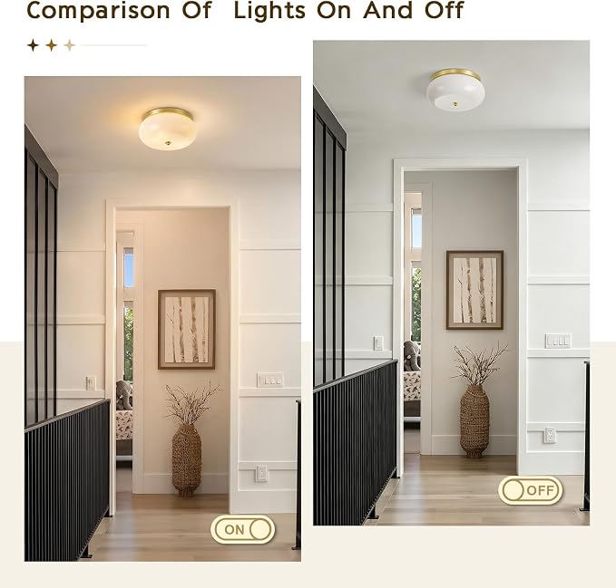 2-Light Brushed Gold Ceiling Light, 11.02 in Milky White Glass Shade | Mid-Century Modern Flush Mount Ceiling Light, E26 Ceramic Socket, Hallway, Kitchen, Bedroom, Bulb Not Included