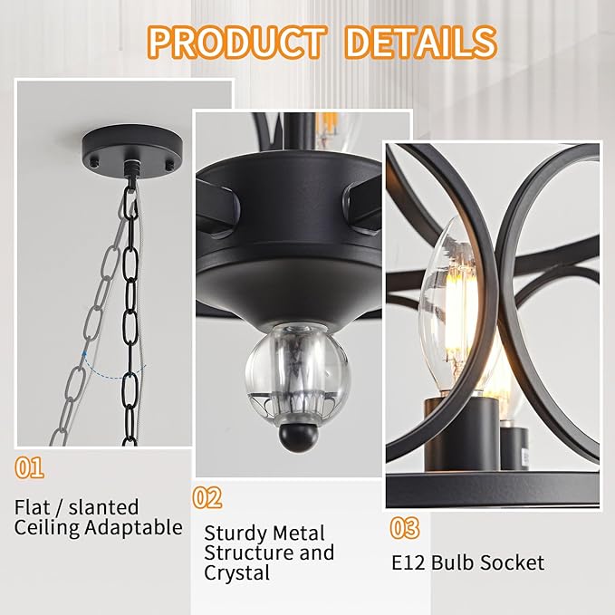 5-Light Black Chandelier,14.2in Farmhouse Lantern Pendant Light Fixture,Adjustable Hanging Ceiling Lighting with E12 Socket,for Kitchen Island,Bedroom,Entryway,Dining Room