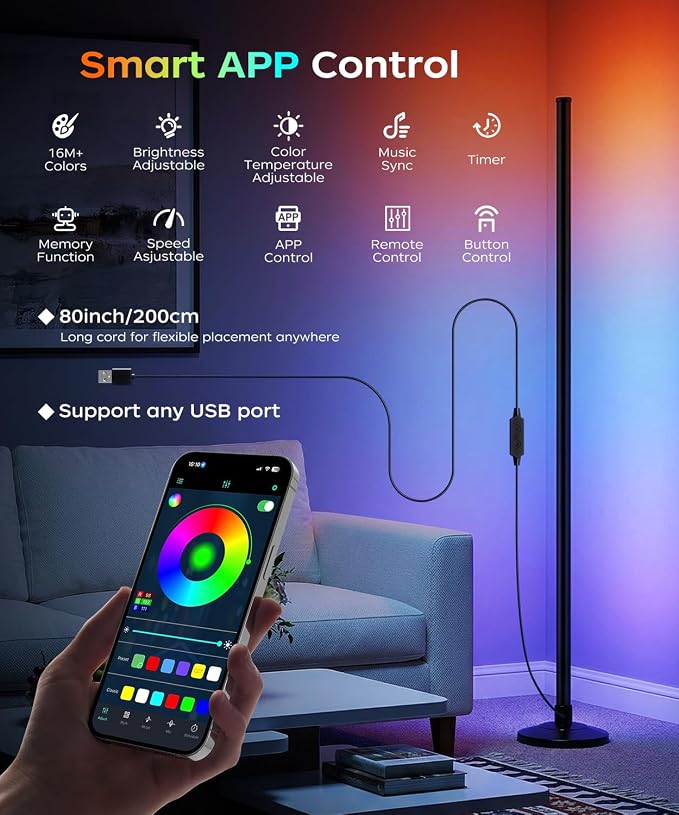 Corner Floor Lamp, Smart RGB LED Corner Lamp with Music Sync and 16M+ DIY Colors, Remote & App Control, Color Changing Ambient Lighting, Floor Lamps for Living Room, Bedroom and Party, 2 Pack