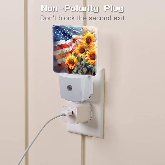 American Flag with Sunflowers Night Light Plug into Wall,Watercolor USA Flag Patriotic Dusk to Dawn Night Light Plug in,0.5w Energy Saving Sleep Friendly NightLight for Kids Boys Girls Home Decor