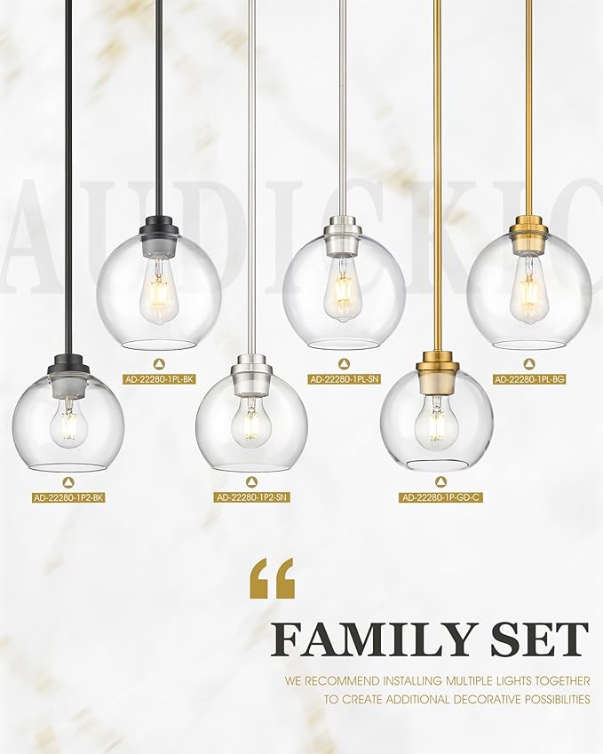 Pendant Lights Kitchen Island, 7" Modern Black Hanging Lights Fixtures with Clear Glass Globe Shade, Kitchen Island Lighting for Bathroom, AD-22280-1P-BK-C