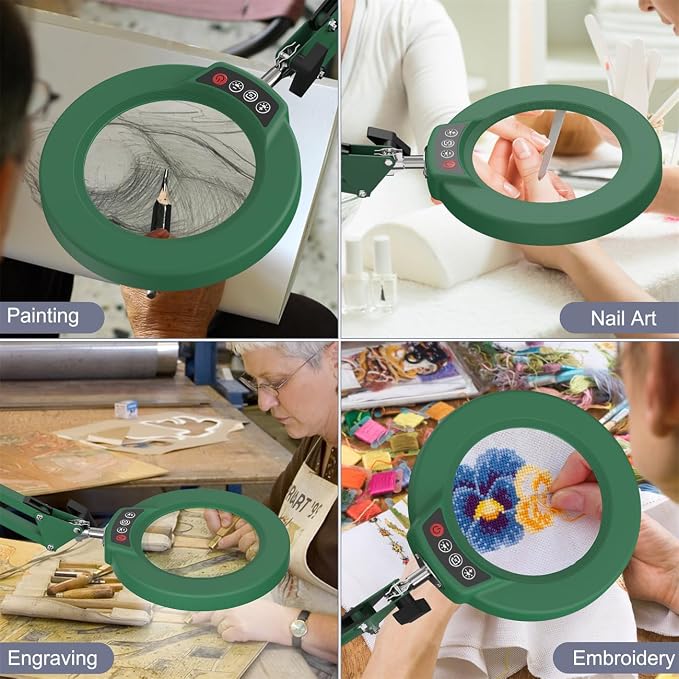 12X Magnifying Glass with Light and Stand, Upgrade Button 5 Color Modes Stepless Dimmable, 2-in-1 LED Lighted Magnifier Light, Hands Free Desk Lamp with Clamp for Craft Hobby Close Work - Green