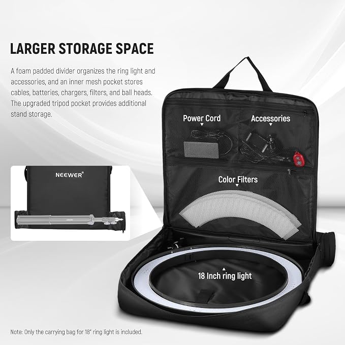NEEWER 18" Ring Light Carrying Bag with Separate Storage Bag Expandable for 30.7"/78cm Folded Light Stand Tripod, 23.6"x22.8"/60x58cm Lightweight Nylon Protective Bag for Ring Light with Stand, RU-009