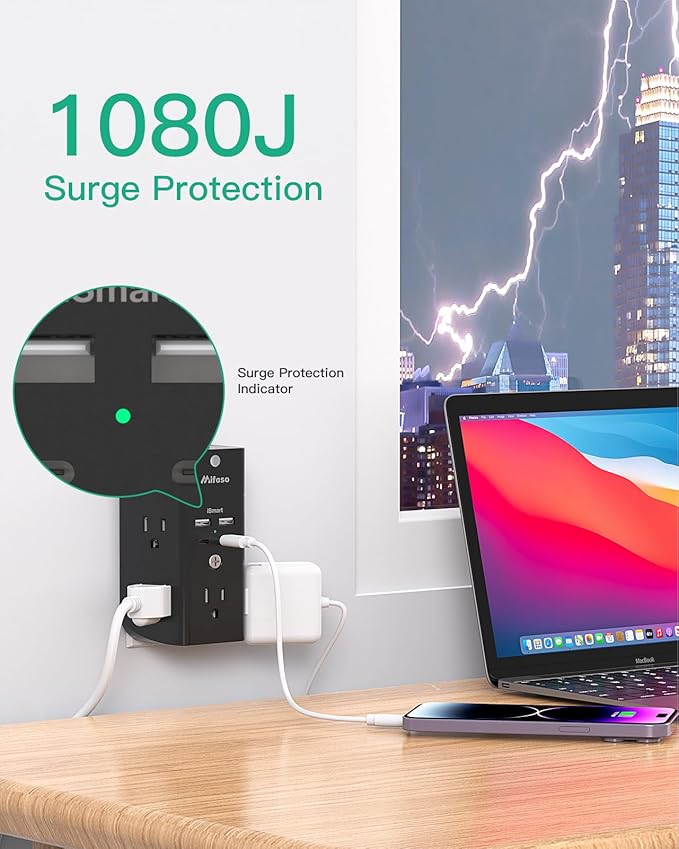Surge Protector Outlet Extender with Night Light, 5-Outlet Splitter and 4 USB Ports (2 USB C Charger), Multi Plug Wall Outlet for Home, Dorm Room Essentials