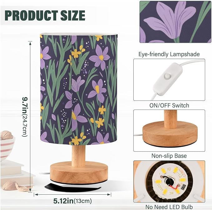 Purple Irises Flowers Yellow Daffodils Floral Bedside Table Lamps with USB Port for Bedroom Lamp Small Nightstand Lamp Sturdy Linen Shade Wooden Decorative Lamps for Living Room Home Dorm Kids