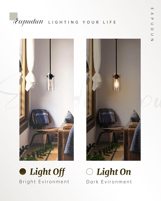 EAPUDUN Industrial Pendant Light Fixtures,Clear Glass Shade Pendant Lighting,Vintage Hanging Lighting Fixture for Kitchen Island,Dining Room,Corridor Bedroom E26 Base UL Listed, PDA1353-MBK