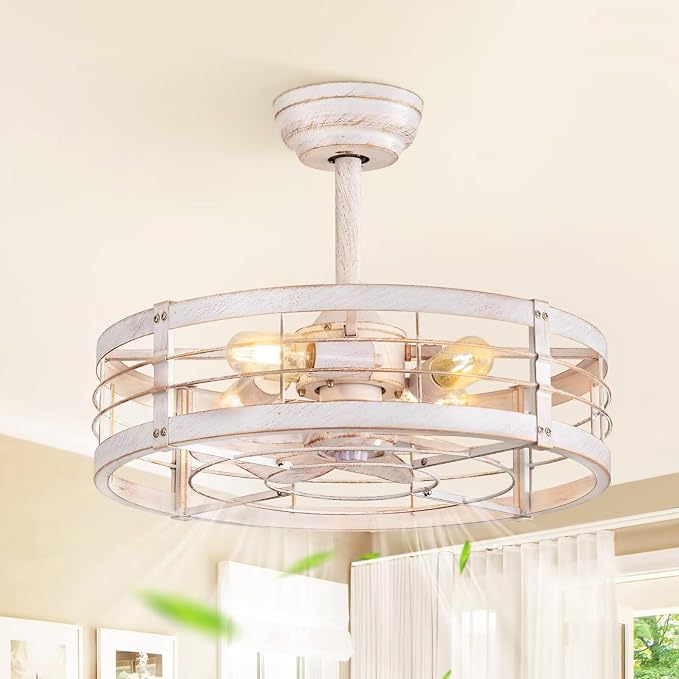 LEDIARY 20 inch Fandelier Caged Ceiling Fan with Light, White Gold | 6 Speed Adjustable,Timing, Quiet & Powerful DC, Small, Farmhouse, Industrial, Enclosed, Bladeless, Bedroom, Kitchen, Downrod