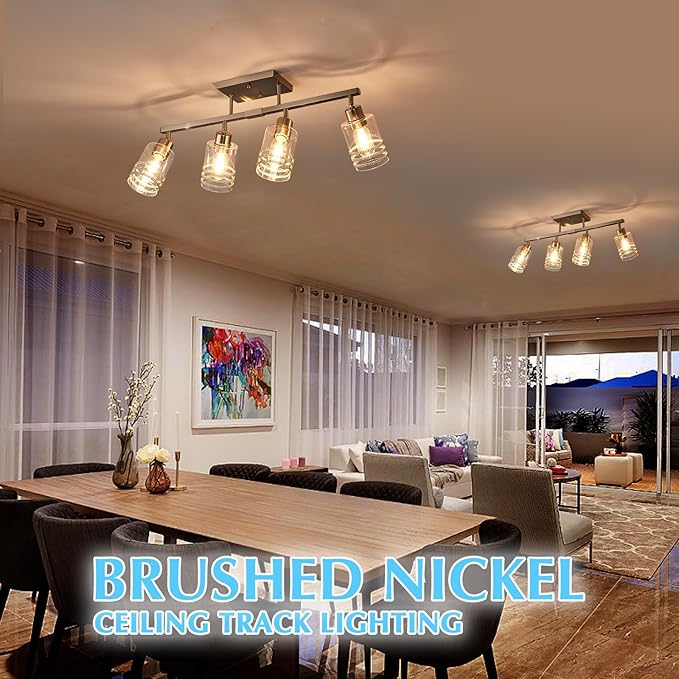Track Lighting Fixtures Ceiling Kitchen Track Lighting Brushed Nickel 4-Light Bathroom Vanity Light Complete Track Lighting Kits Bathroom Light Fuxtures with Glass Shades E26 Base Adjustable Heads