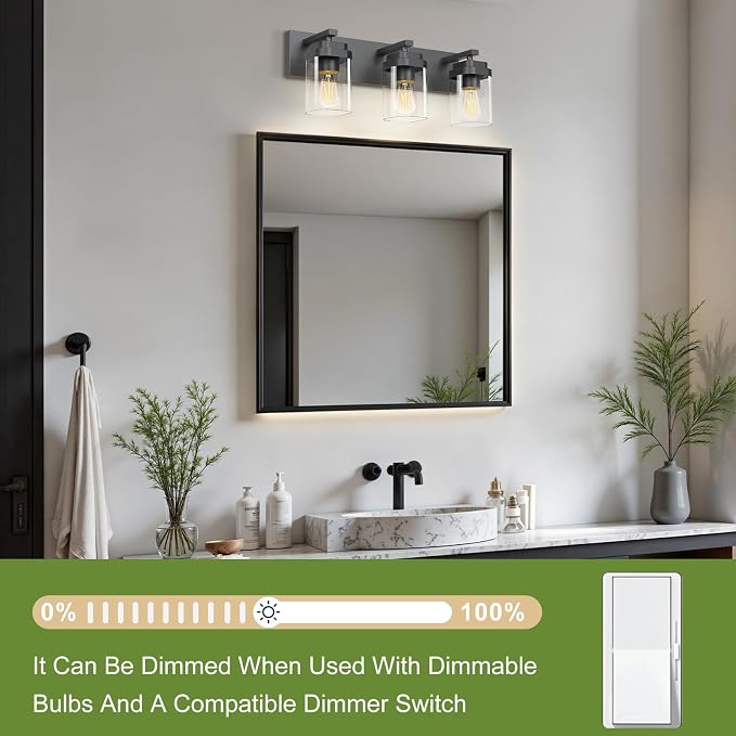 Black Bathroom Light Fixtures, 3 Lights Bathroom Lighting Fixtures Over Mirror, Square Design & Rectangle Large Backplate, Modern Vanity Lighting Fixtures, for Bathroom/Living Room/Bedroom