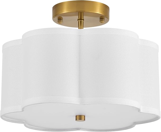 12.9" Gold Semi Flush Mount Ceiling Light, Linen 3-Light Fixture | White Linen Petal Shade, Modern Gold Style For Bedroom, Hallway,Dining, Bedroom,Laundry; Close-To-Ceiling, E26, Easy Install