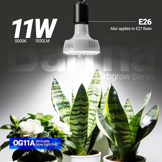 Barrina OG11A Grow Light Bulbs for Indoor Plant, 5000K 11W, 1 Pack, White | Integrated Dimming & Timing, E26 Plant Light Bulb, Full Spectrum, High PPFD for Seeds and Greens