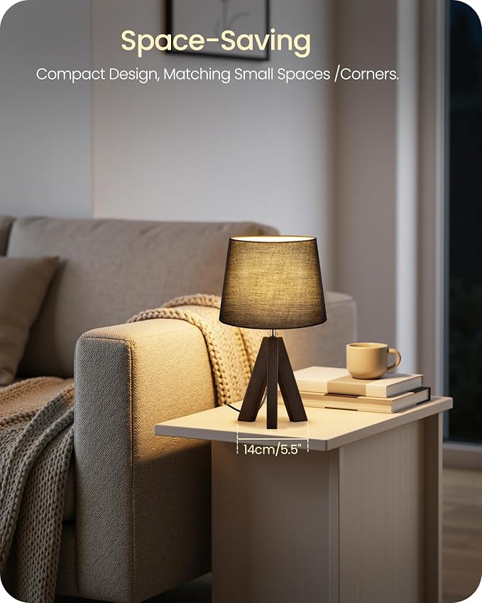 Small Table Lamp for Bedroom, 14.6" Bedside Lamp with Black Linen Shade & Walnut Wood Tripod Base, Modern Nightstand Lamp, Blak Lamp for Living Room, Nursery, Entryway, E26 Socket, VB51TL05