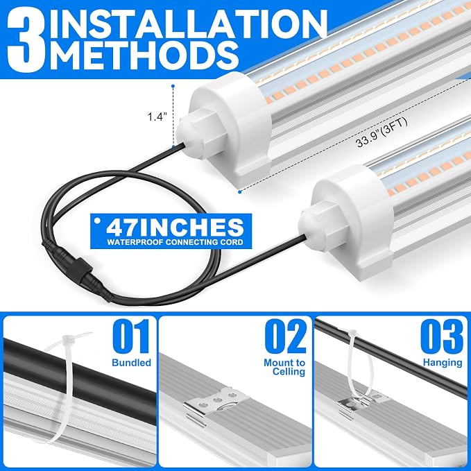 JESLED Waterproof T8 Grow Lights, 3FT Full Spectrum Pinkish White, 2Packs | 72W(2 X 36W), 450W Equivalent, V-Shaped Beam, On/Off Switch, Linkable Plant Light Strip for Greenhouse, Shelf, Indoor Outdoor