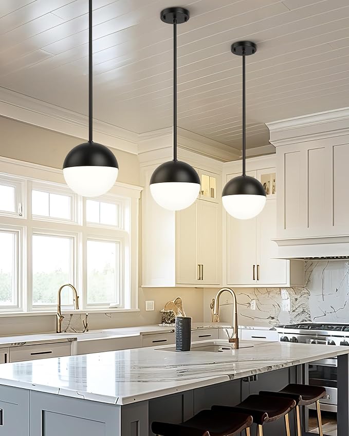 2 Pack Mid Century Pendant Lights, Matte Black Kitchen Island Light Fixtures with White Globe Glass Shade, Adjustable Hanging Rod Ceiling Light for Home Office Dining Room Bathroom, LMS-186BK2PK