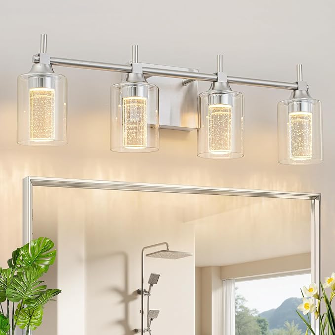 Vanity Light with 3 Color Modes (3000K/4000K/6000K), Eye Protection LED Bathroom Light Fixture, Dimmable Modern Wall Light Over Mirror with Clear Glass Shade (Brushed Nickel, 4-Light)