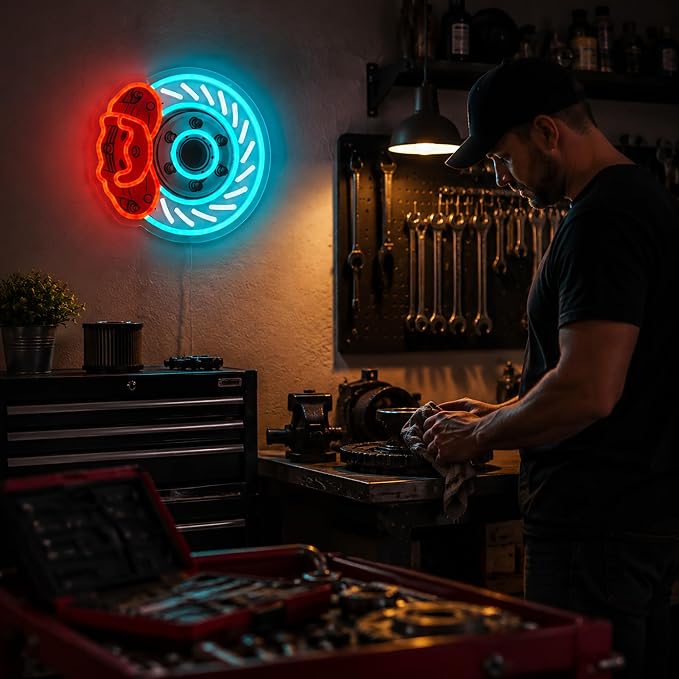 Brake Disc Neon Sign, USB Powered LED Garage Wall Decor |Automotive Wall Decor for Garage, Game Room, Bedroom, Workshop, Party Decoration and Car Enthusiast Gift