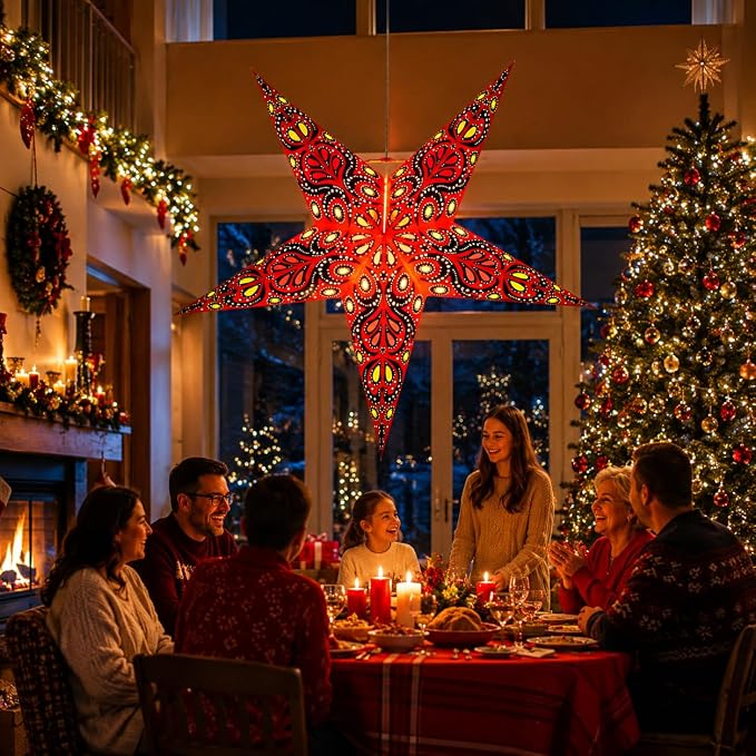 Lantern Lampshade Paper Star Light Shades Large 60cm Hanging Decorations for Christmas Wedding Home Decoration Birthday Party Foldable 5 Pointed Star (Red, Black, Yellow)