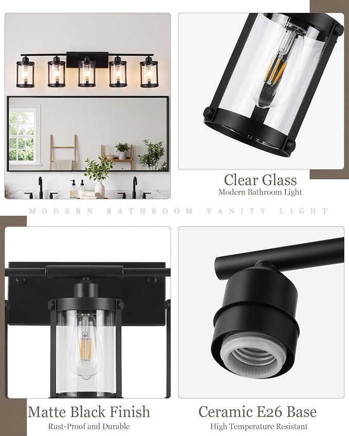 5-Light Matte Black Bathroom Light Fixtures Over Mirror with Clear Glass and Metal Cage Shade, 38" UL-Listed Modern Farmhouse Wall Sconce for Bath, Hardwire E26, OS-3014BK-5W