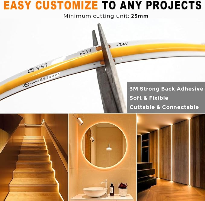 VST 12V 8mm 16.4ft/5m COB LED Strip Lights, Warm White 2700K, Dimmable LED Tape Light,9.6w/m,2400 LEDs, Ra 93+, IP30, Lighting for Kitchen, Cabinets, UL Listed(NOT Include Driver)