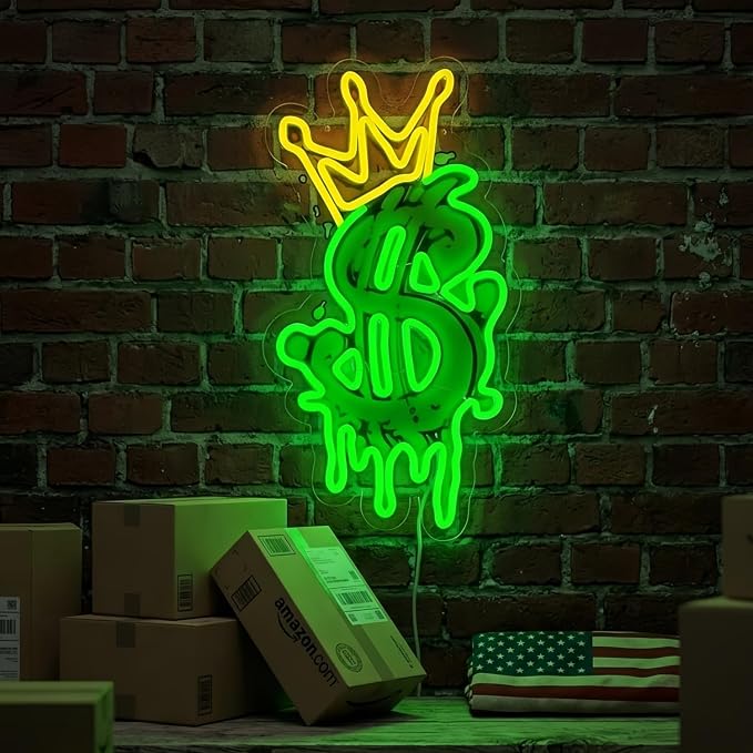 Money Neon Sign, Crown Dollar LED Neon Light USB Powered Decor | Dollar Wall Decor for Bedroom, Game Room, Man Cave, Office, Bar, Party Decoration and Gift