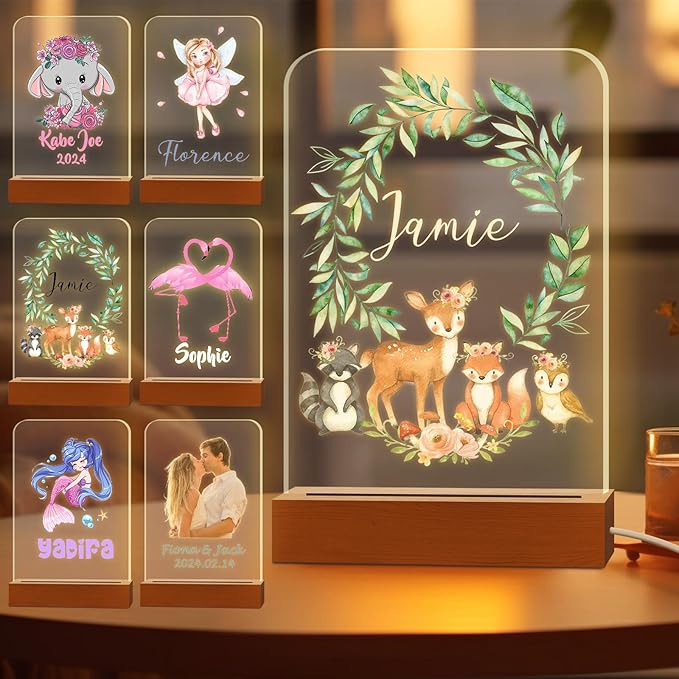 Personalized Night Light for Kids Custom Engraved Name Acrylic LED Lights with Wood Base for Nursery Bedroom Decor Night Lamp, Customized Birthday Gifts for Boy and Girl,Deer