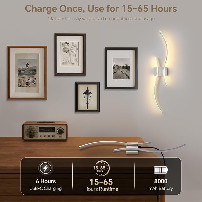 Battery Operated Wall Sconce Set of Two, Dimmable Modern LED Rechargeable Wall Light with Remote Control, Wall Decor for Living Room