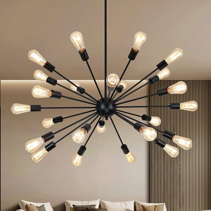 24 Light Black Sputnik Chandeliers, Modern Farmhouse Chandeliers for Dining Room Light Fixtures Over Table, Industrial Ceiling Hanging Lighting for Living Room, Bedroom, Kitchen, Foyer