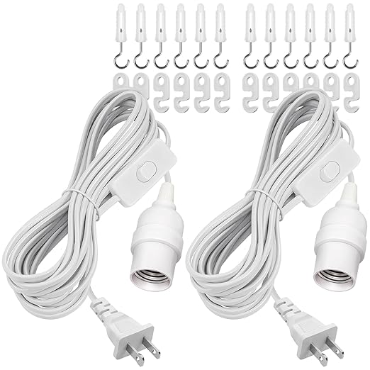 DiCUNO Hanging Lantern Extension Cord Cable, E26 Pendant Light Socket On Off Inline Cord Switch Control Lamp, Switch Close to Polarized Plug, 20 Feet (6M), White, 2-Pack