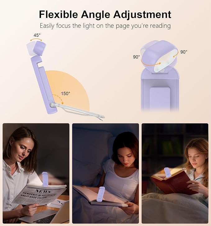 Gritin Reading Light, Rechargeable Book Light for Reading in Bed | Eye Caring 3 Color Temperatures, 5-Level Dimmable Brightness,Long Lasting,Compact Size Clip on Book Lamp for Bookworms-Purple