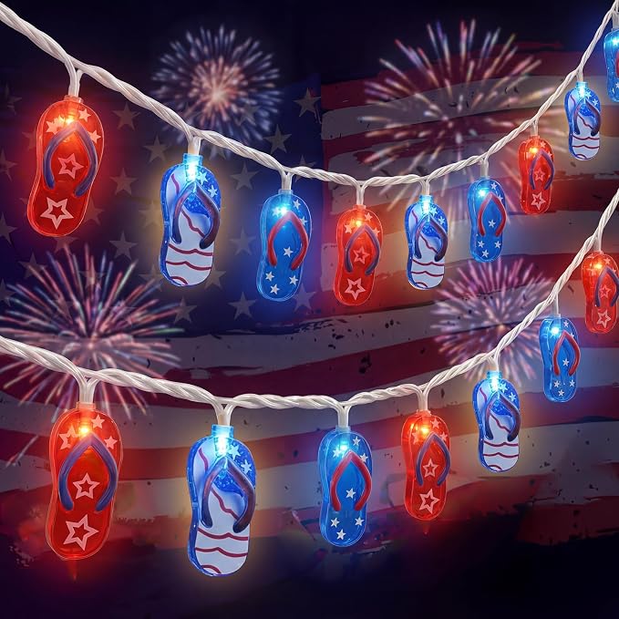 8.5Ft Tropical Beach Slipper String Lights, 4th of July American Flag | Plug in,10 LED Bulbs, Independence Day Decoration Flip Flop Lights for Patriotic Party Festival National Day, White Wir