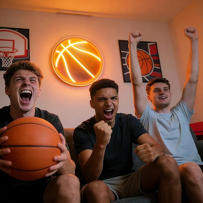 UV Printed Basketball Neon Sign Light Up Basketball Sports Neon Light Dimmable Led Basketball Gifts for Boys Fans Bedroom Man Cave Game Room for Wall Decor Aesthetic